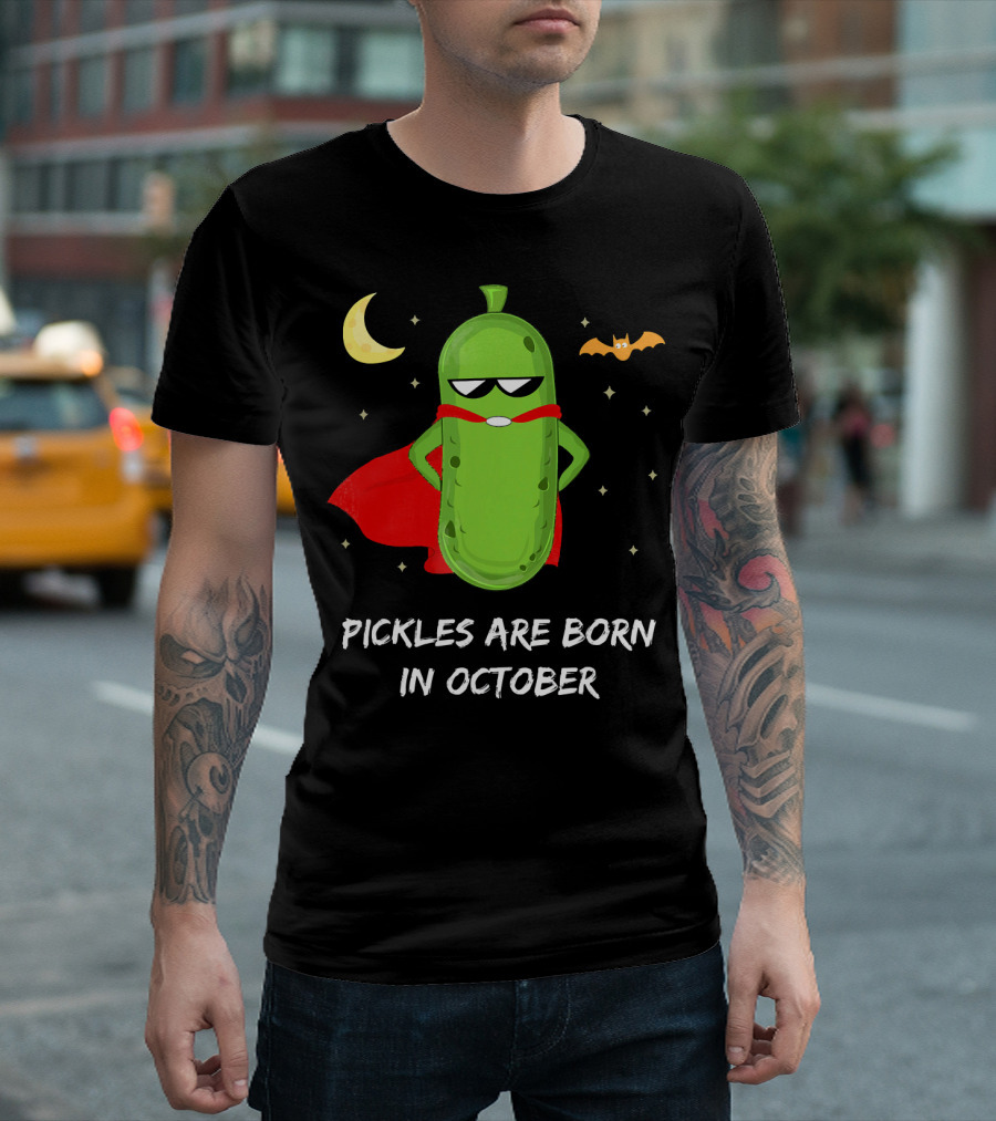 Superhero Pickles with Cape and Halloween Moon Born in October T-Shirt