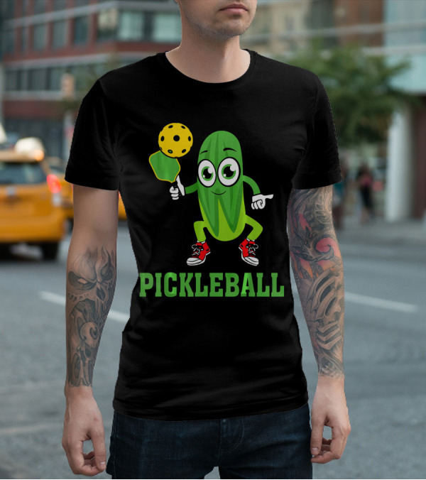 Pickle Character Playing Pickleball With Paddle And Ball T-Shirt