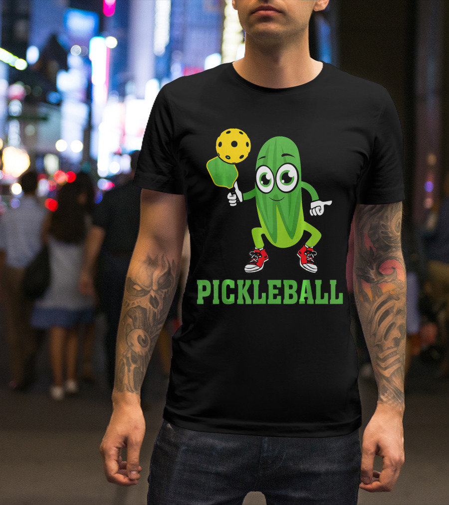 Pickle Character Playing Pickleball With Paddle And Ball T-Shirt