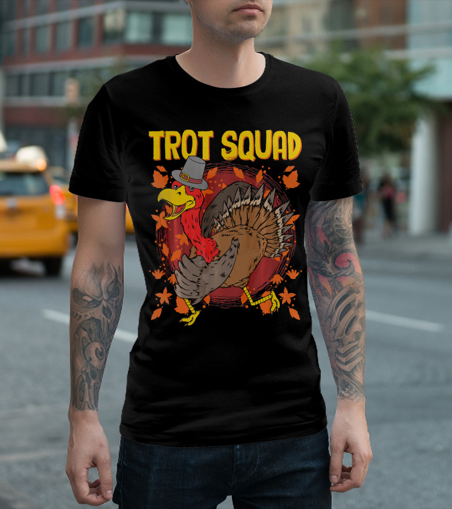 Trot Squad Thanksgiving Turkey with Pilgrim Hat and Autumn Leaves T-Shirt