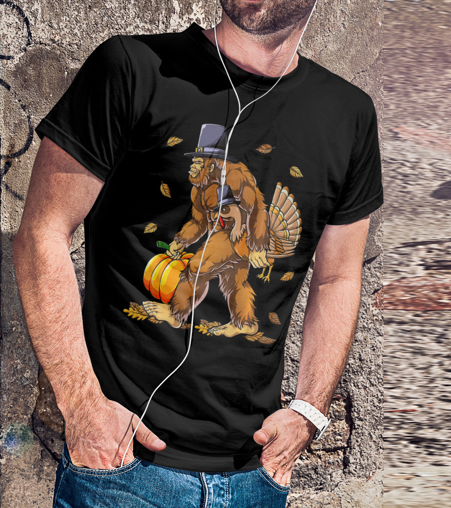 Bigfoot Pilgrim Turkey Carrying Pumpkin Thanksgiving T-Shirt
