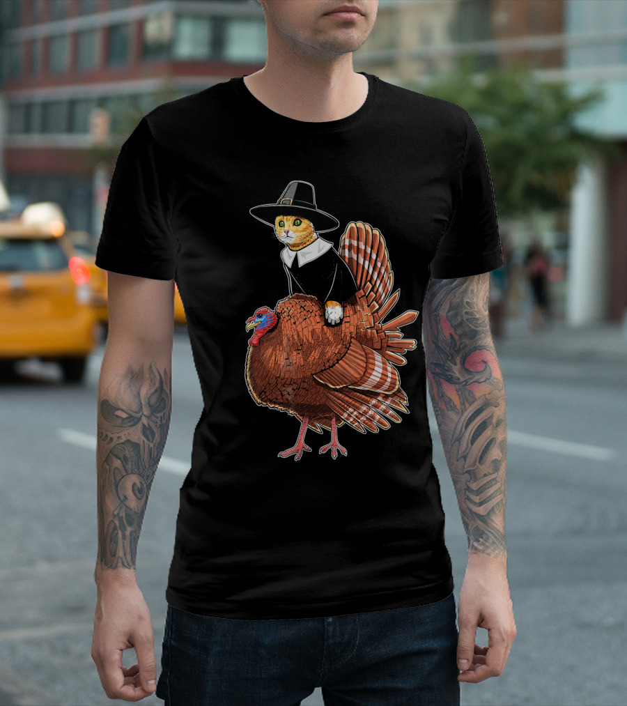 Thanksgiving Cat Dressed as Pilgrim Riding Turkey T-Shirt