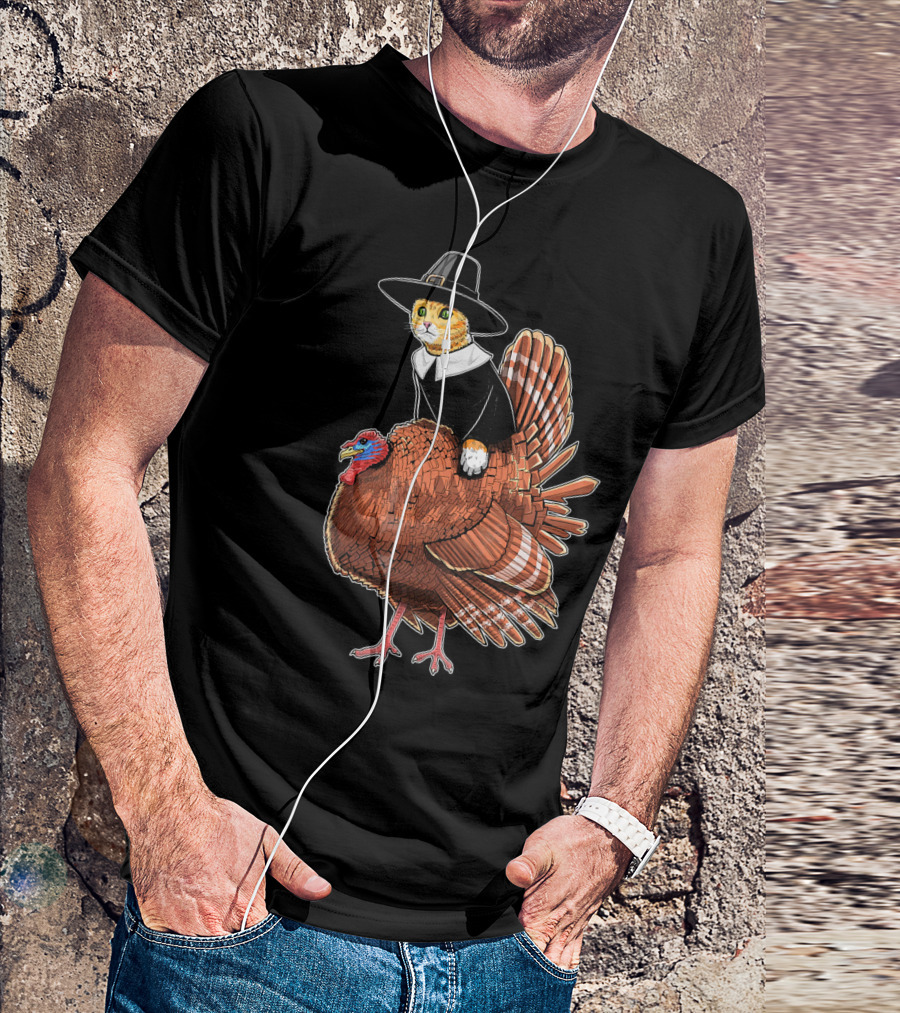 Thanksgiving Cat Dressed As Pilgrim Riding Turkey T-Shirt