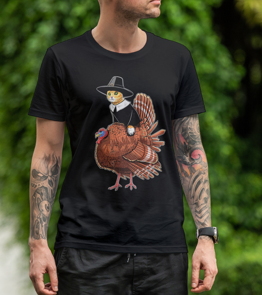 Thanksgiving Cat Dressed As Pilgrim Riding Turkey T-Shirt