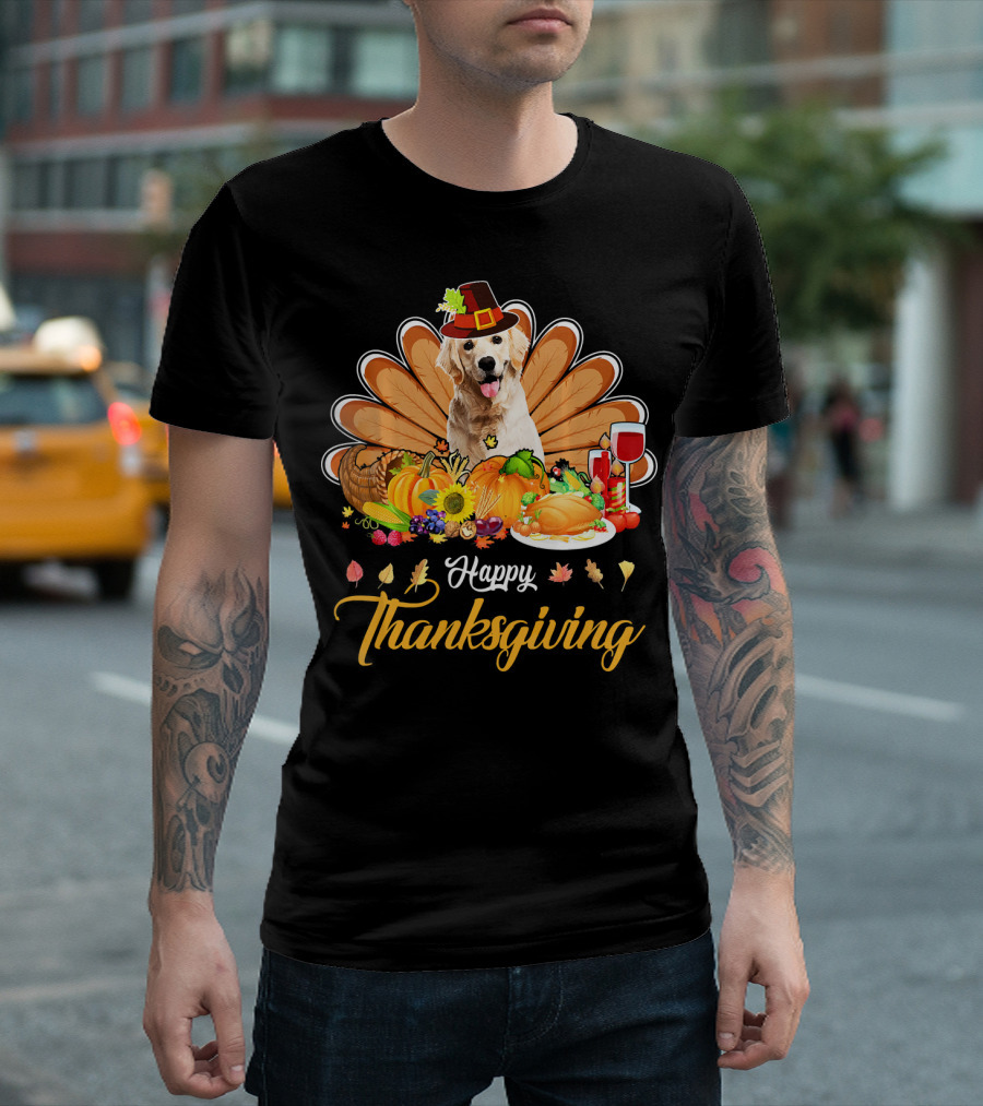 Happy Thanksgiving Golden Retriever Turkey Dish Wine T-Shirt