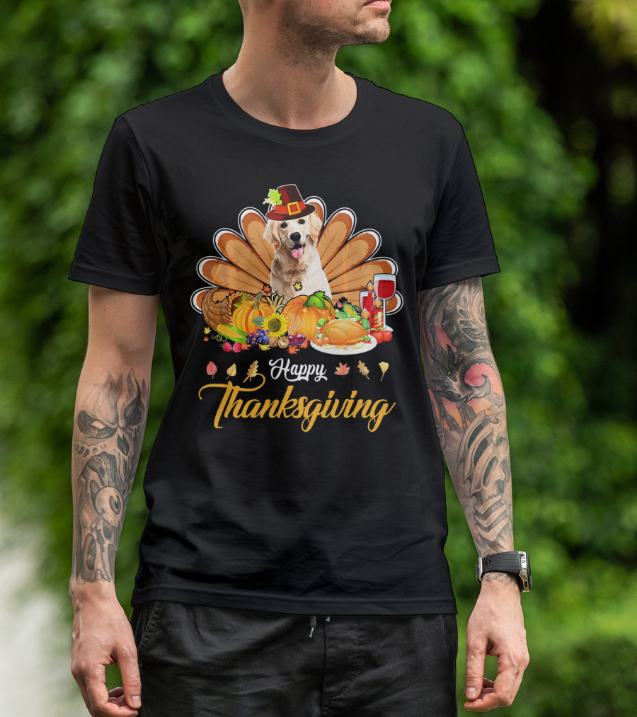 Happy Thanksgiving Golden Retriever Turkey Dish Wine T-Shirt