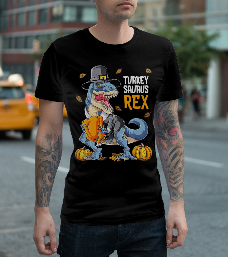 Turkey Saurus Rex Dinosaur Thanksgiving Boys Pilgrim Hat Pumpkin T-Shirt