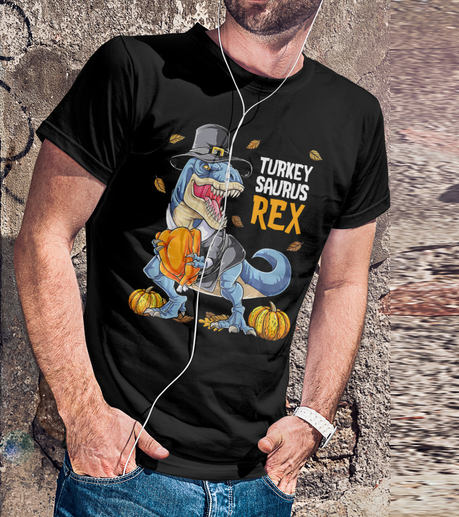 Turkey Saurus Rex Dinosaur Thanksgiving Boys Pilgrim Hat Pumpkin T-Shirt