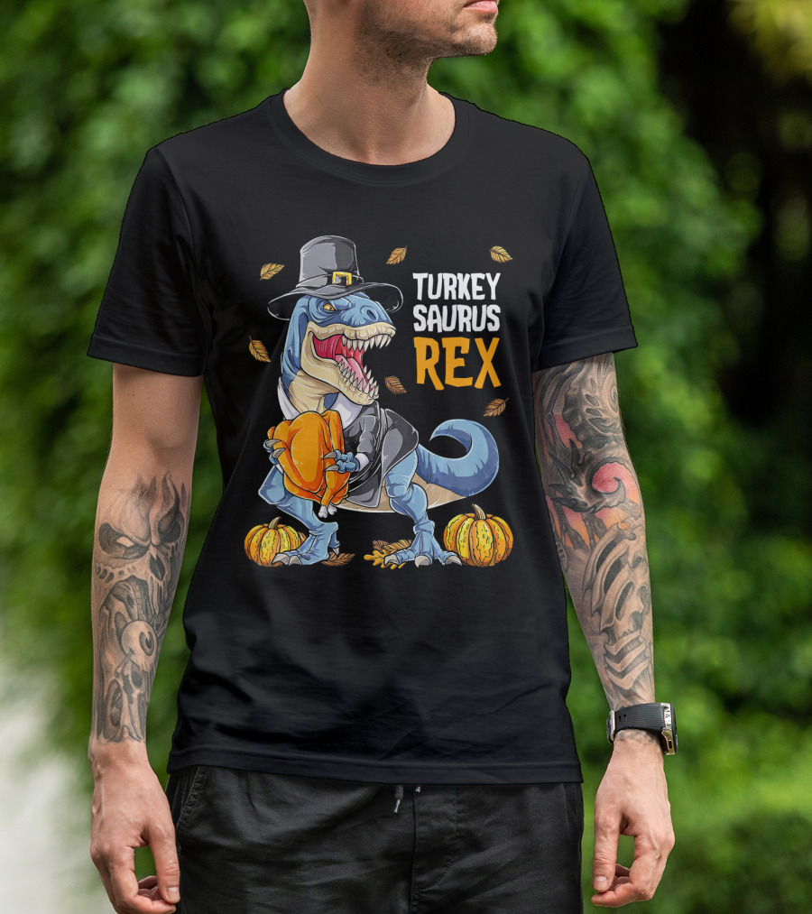 Turkey Saurus Rex Dinosaur Thanksgiving Boys Pilgrim Hat Pumpkin T-Shirt