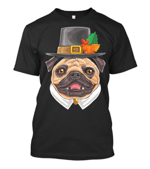 Thanksgiving Pug Pilgrim Hat With Pumpkin And Leaves T-Shirt