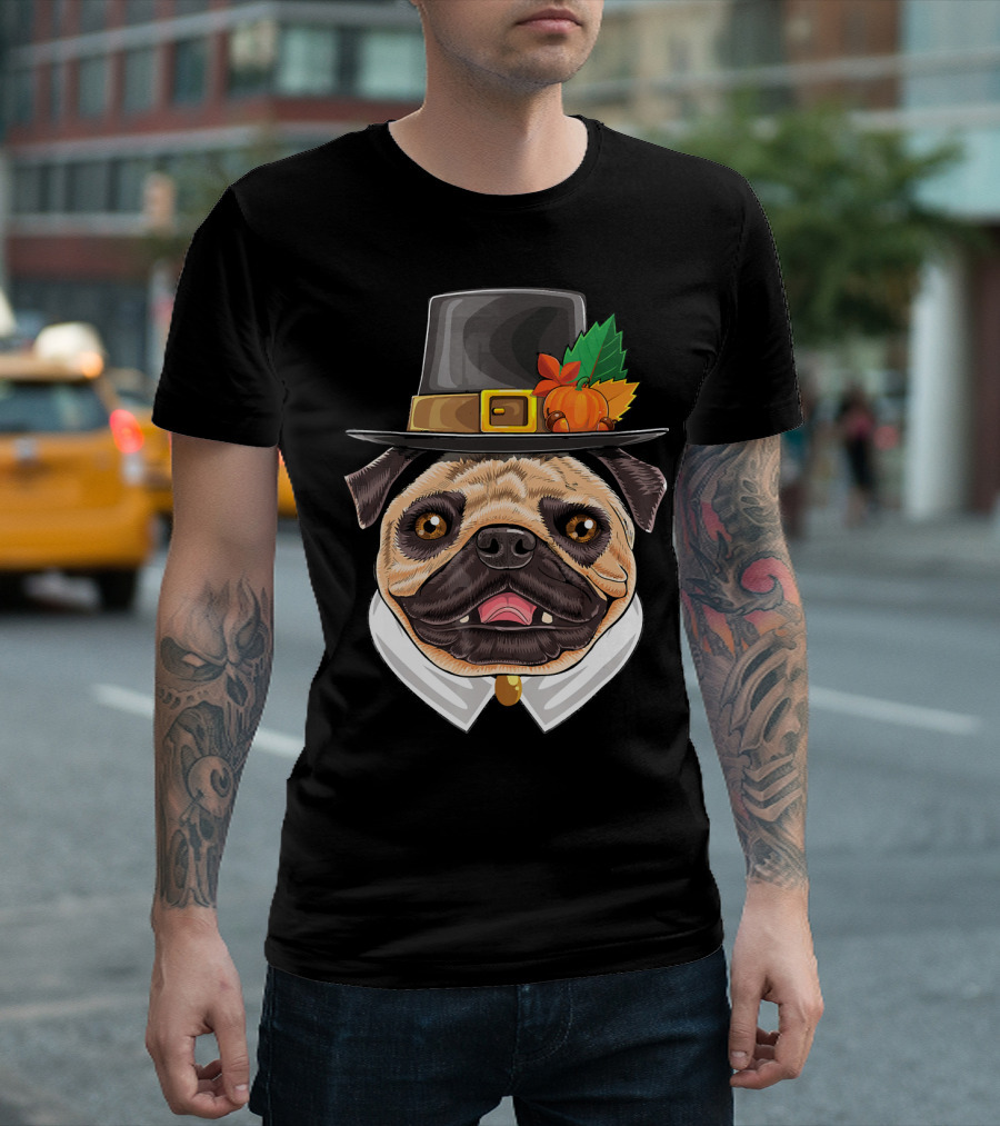 Thanksgiving Pug Pilgrim Hat with Pumpkin and Leaves T-Shirt