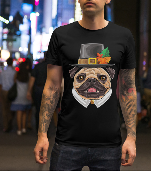 Thanksgiving Pug Pilgrim Hat With Pumpkin And Leaves T-Shirt