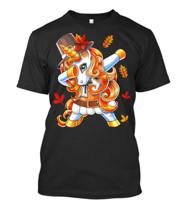 Thanksgiving Pilgrim Unicorn Dabbing Autumn Leaves T-Shirt