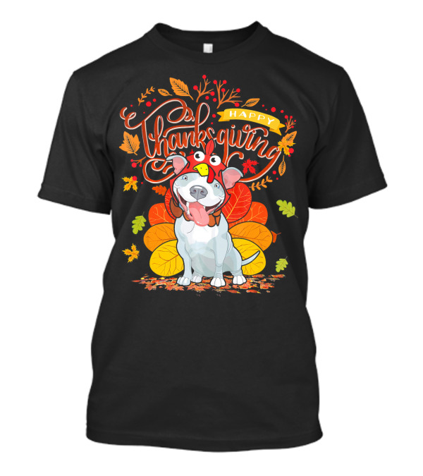 Happy Thanksgiving Pit Bull Wearing Turkey Hat Autumn Leaves T-Shirt