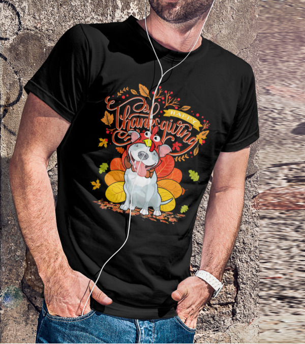 Happy Thanksgiving Pit Bull Wearing Turkey Hat Autumn Leaves T-Shirt