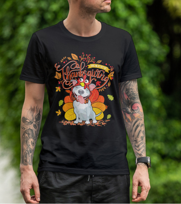 Happy Thanksgiving Pit Bull Wearing Turkey Hat Autumn Leaves T-Shirt