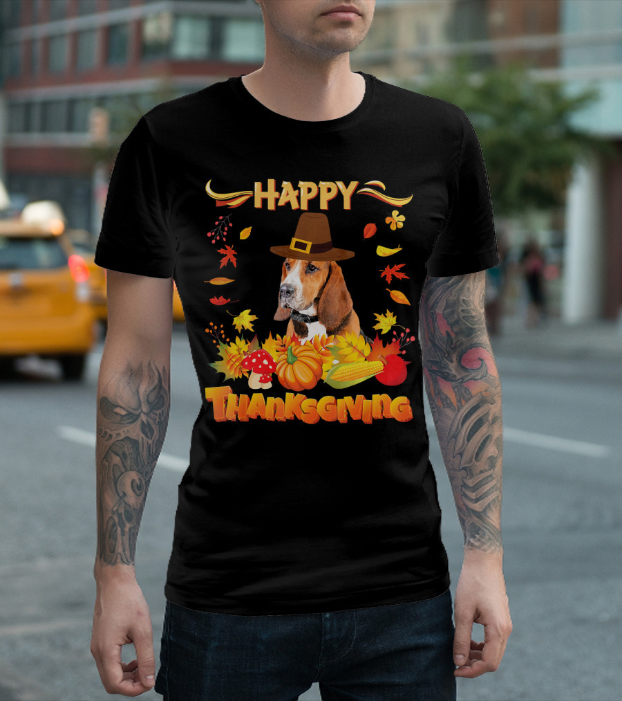 Happy Thanksgiving Basset Hound Dog With Pilgrim Hat And Autumn Harvest Elements T-Shirt