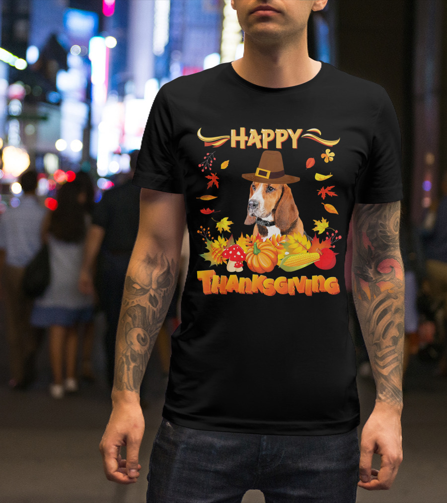 Happy Thanksgiving Basset Hound Dog With Pilgrim Hat And Autumn Harvest Elements T-Shirt