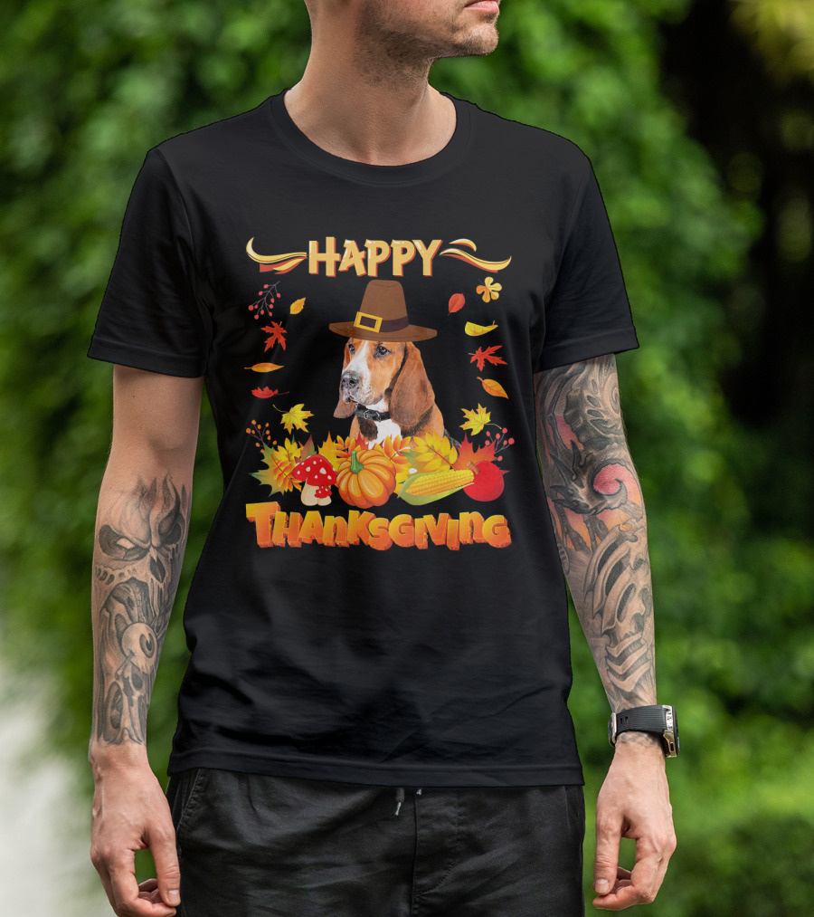 Happy Thanksgiving Basset Hound Dog With Pilgrim Hat And Autumn Harvest Elements T-Shirt