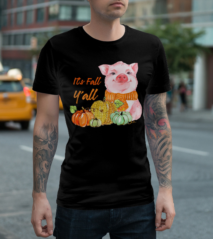 Its Fall Y'all Cute Pig With Leopard Pumpkin Scarf T-Shirt