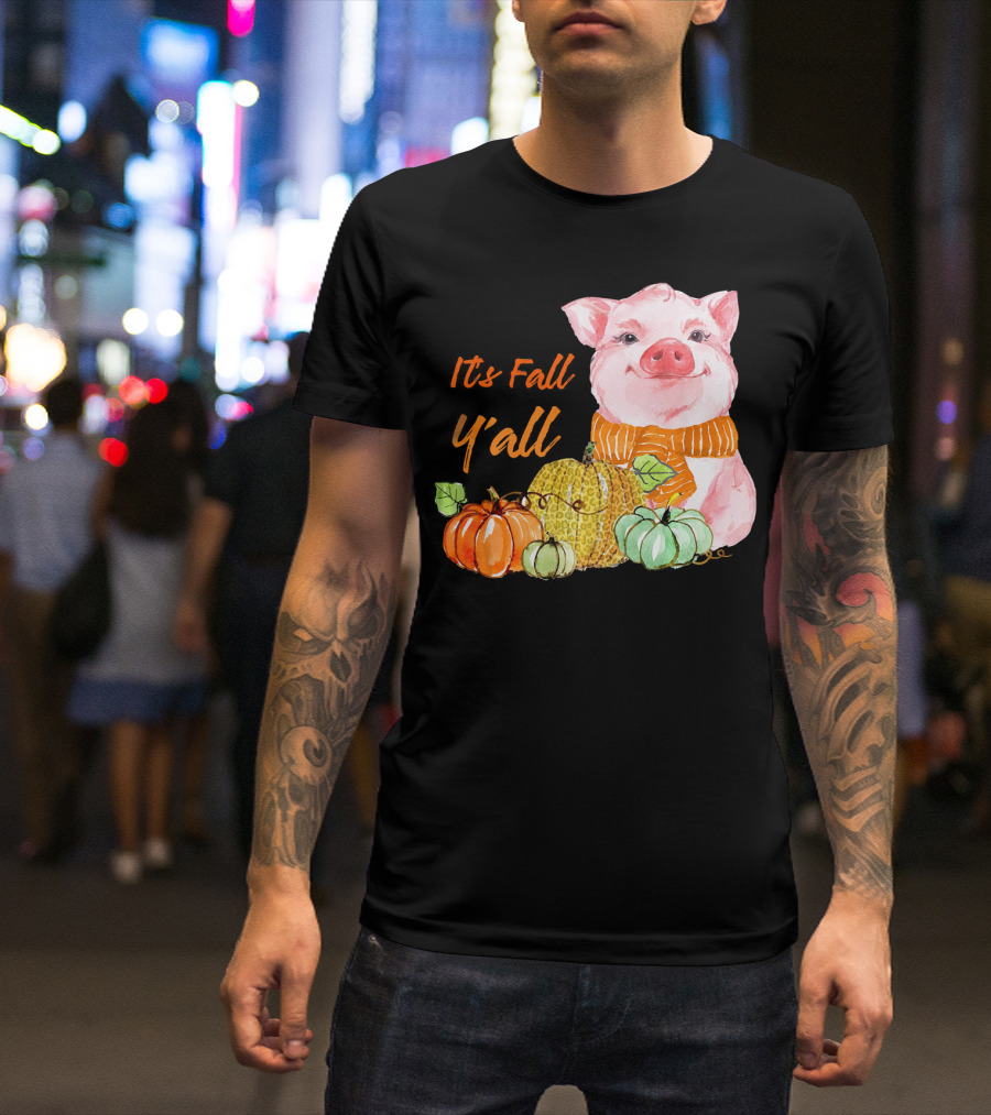 Its Fall Y'all Cute Pig With Leopard Pumpkin Scarf T-Shirt