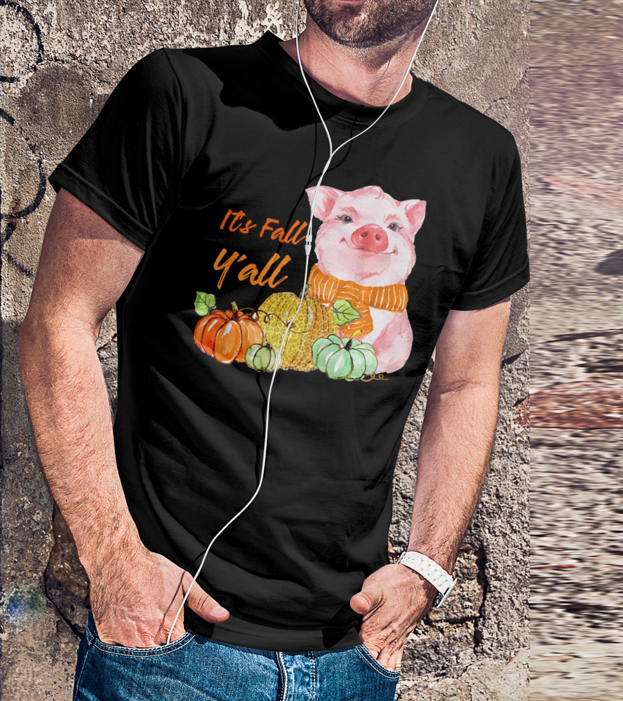 Its Fall Y'all Cute Pig With Leopard Pumpkin Scarf T-Shirt