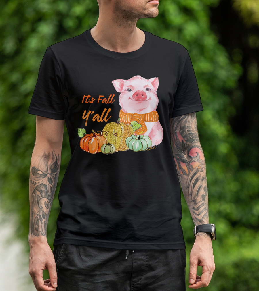 Its Fall Y'all Cute Pig With Leopard Pumpkin Scarf T-Shirt