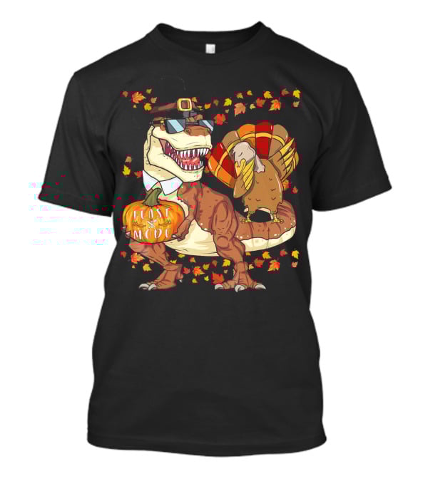 Thanksgiving Feast Mode Dinosaur With Turkey And Autumn Leaves T-Shirt