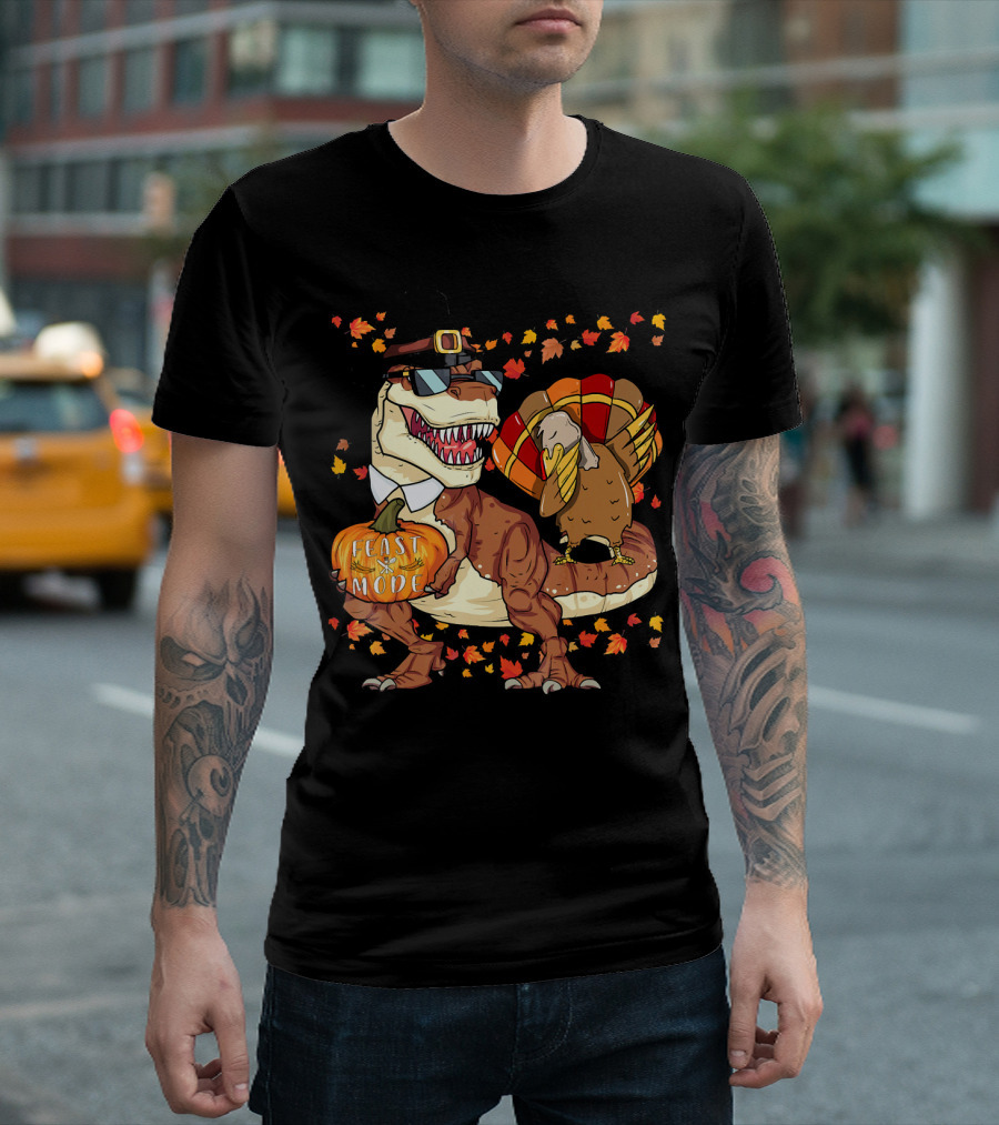 Thanksgiving Feast Mode Dinosaur with Turkey and Autumn Leaves T-Shirt