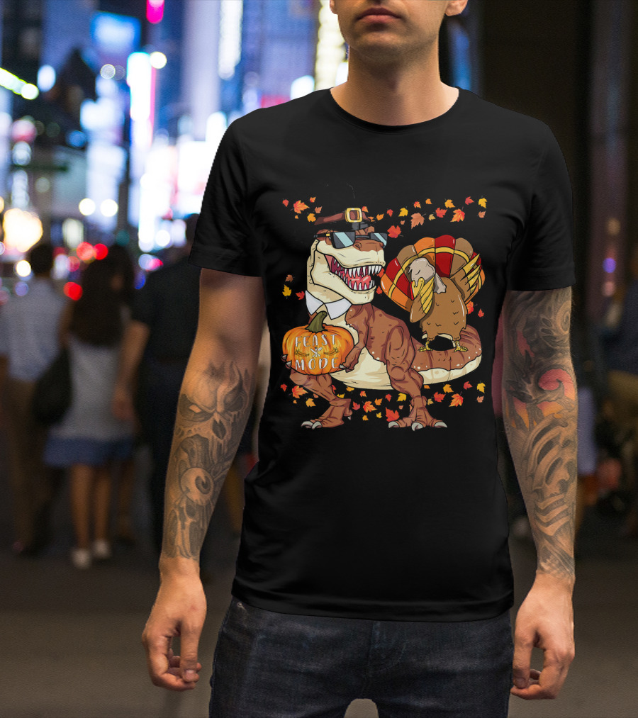 Thanksgiving Feast Mode Dinosaur With Turkey And Autumn Leaves T-Shirt