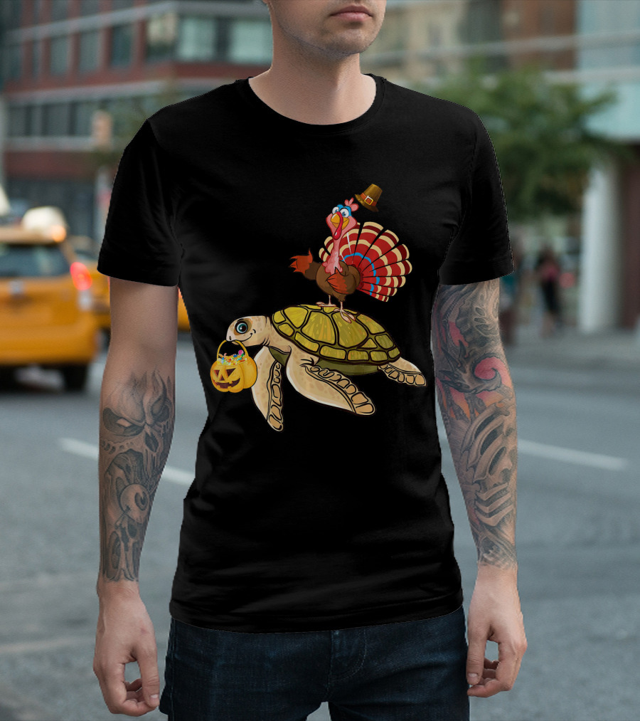 Turkey Riding Turtle Pumpkin Funny Sea Thanksgiving Halloween Fusion T-Shirt