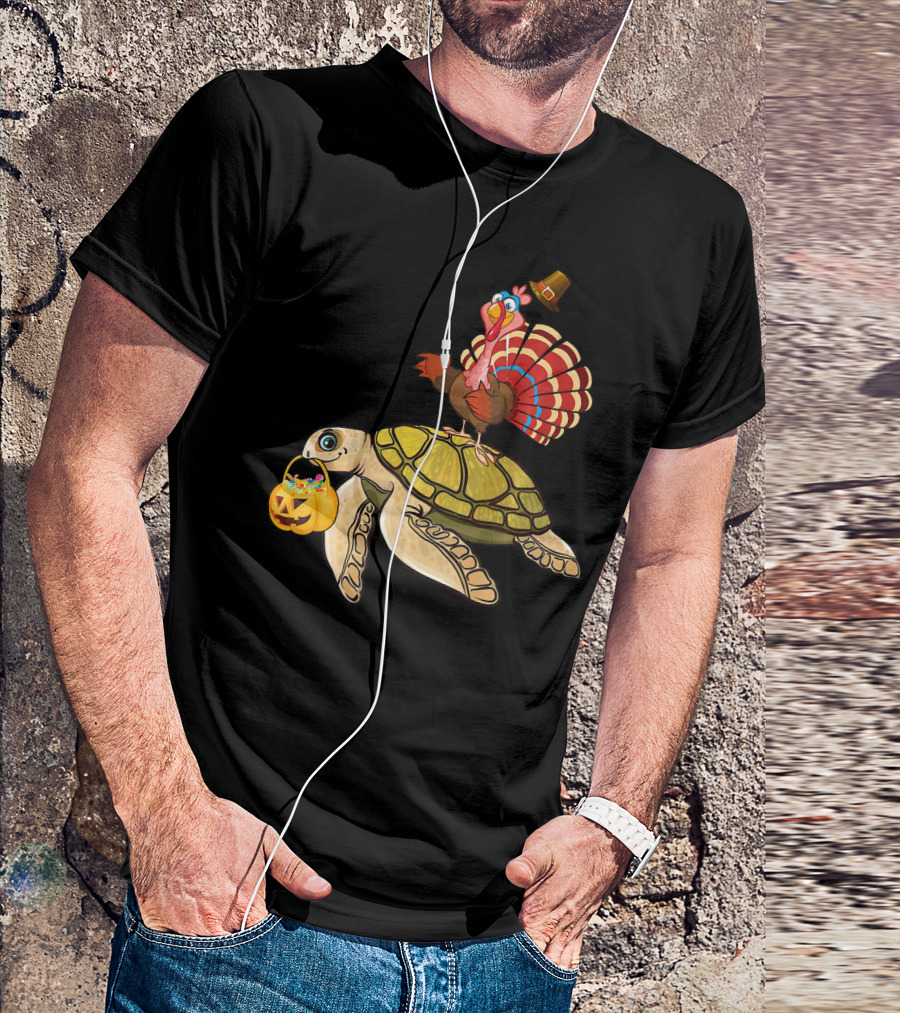 Turkey Riding Turtle Pumpkin Funny Sea Thanksgiving Halloween Fusion T-Shirt