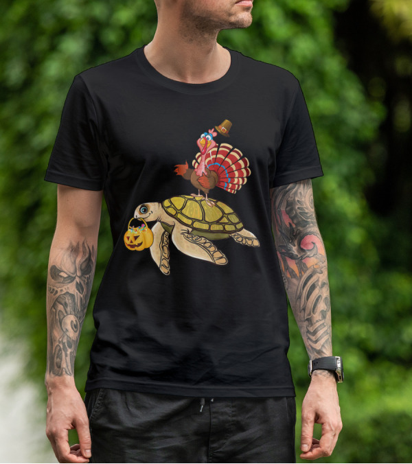 Turkey Riding Turtle Pumpkin Funny Sea Thanksgiving Halloween Fusion T-Shirt