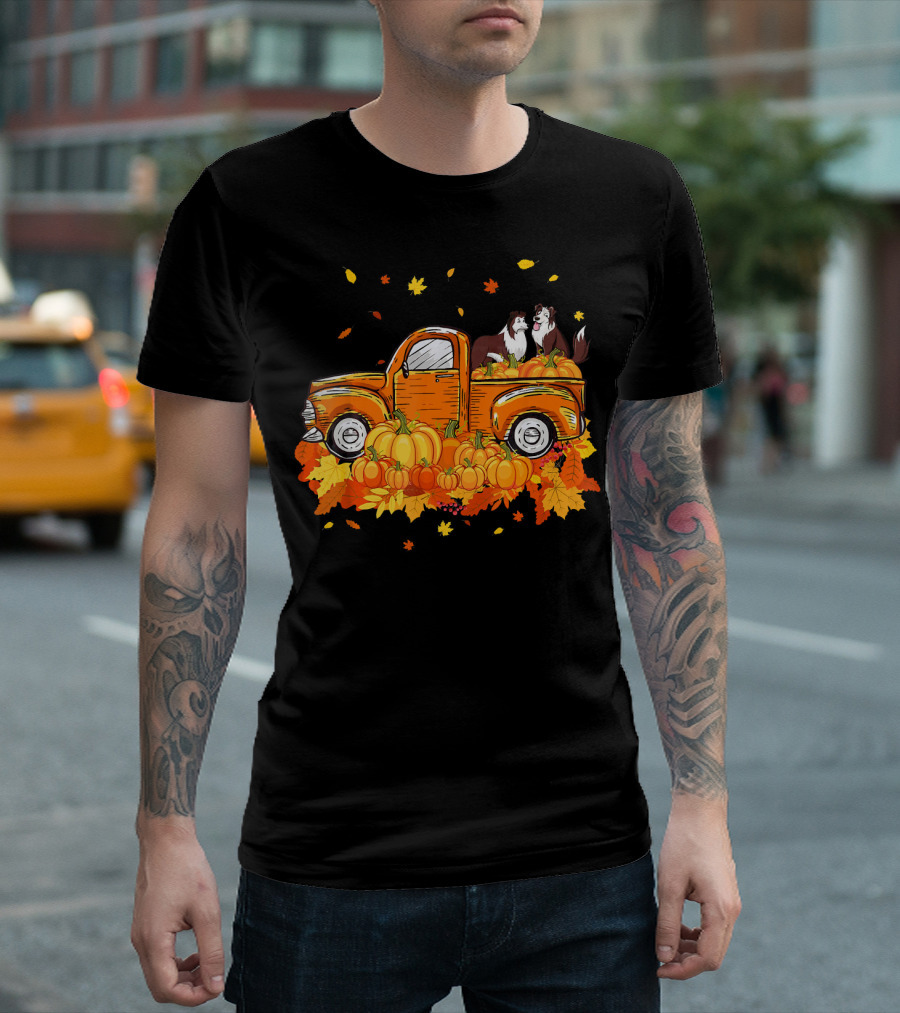 Heeler Pumpkin Truck With Fall Leaves And Pumpkins For Halloween T-Shirt