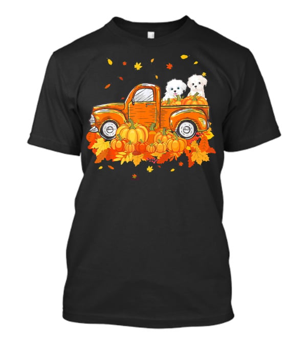 Maltese Dogs Riding Pumpkin Truck For Halloween T-Shirt