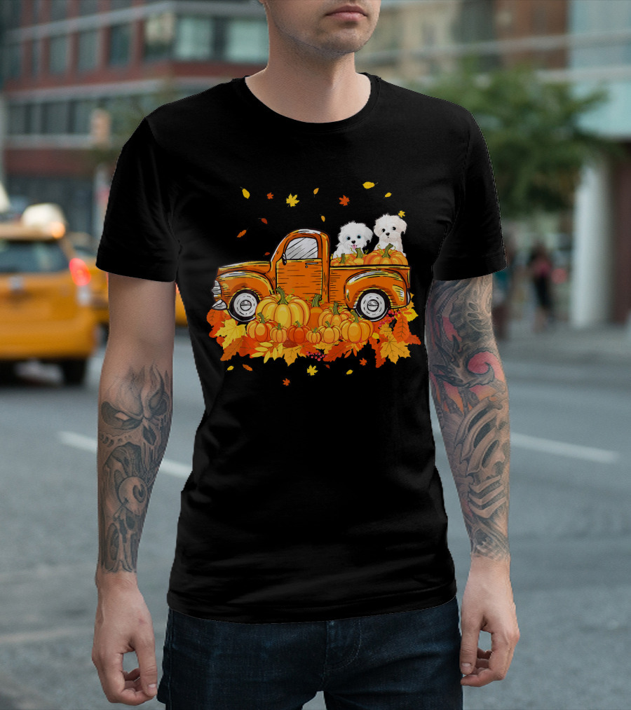 Maltese Dogs Riding Pumpkin Truck for Halloween T-Shirt