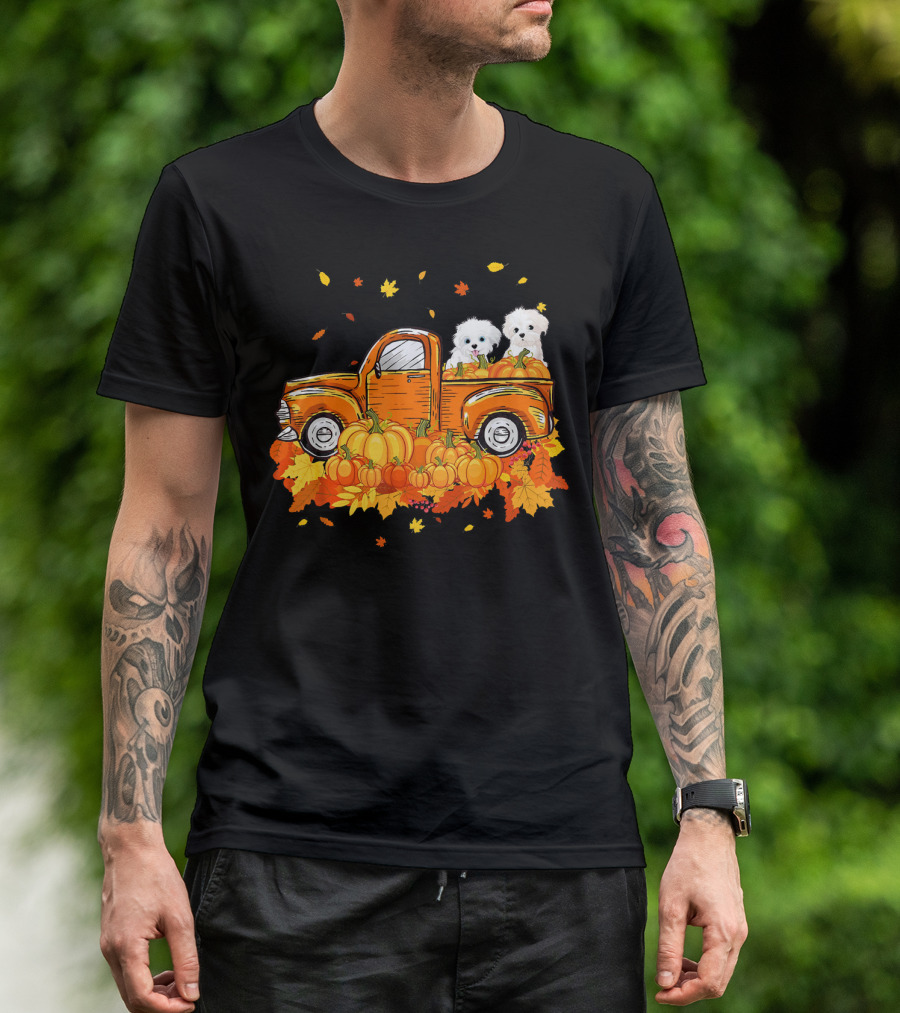 Maltese Dogs Riding Pumpkin Truck For Halloween T-Shirt