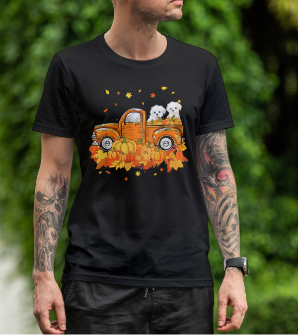 Maltese Dogs Riding Pumpkin Truck For Halloween T-Shirt