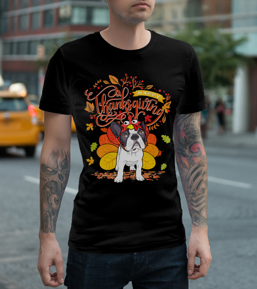 Happy Thanksgiving French Bulldog with Turkey Hat and Fall Leaves T-Shirt