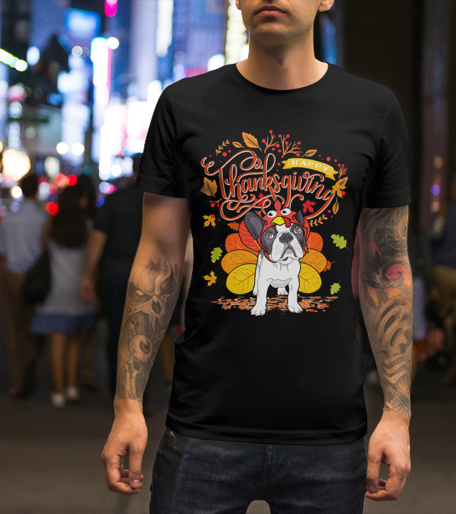 Happy Thanksgiving French Bulldog With Turkey Hat And Fall Leaves T-Shirt