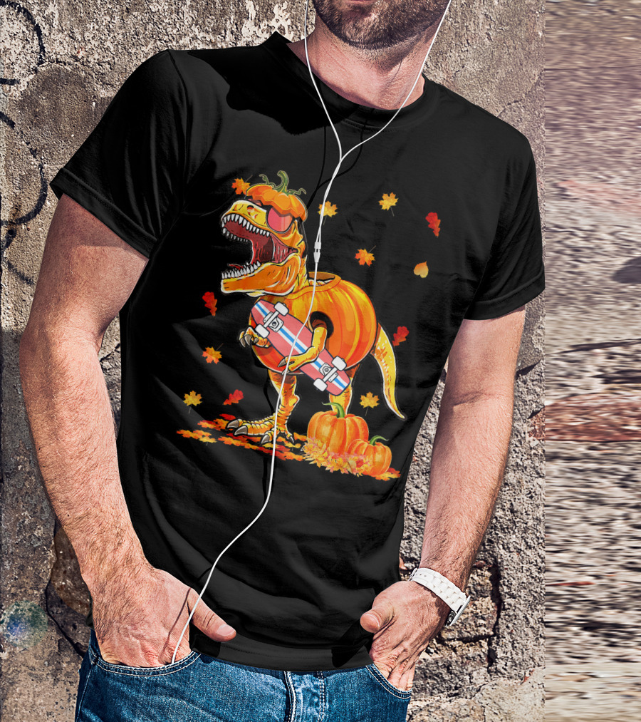 Dinosaur Pumpkin Skateboard Autumn Leaves Hall T-Shirt