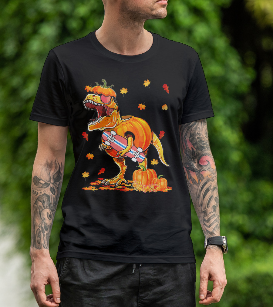 Dinosaur Pumpkin Skateboard Autumn Leaves Hall T-Shirt