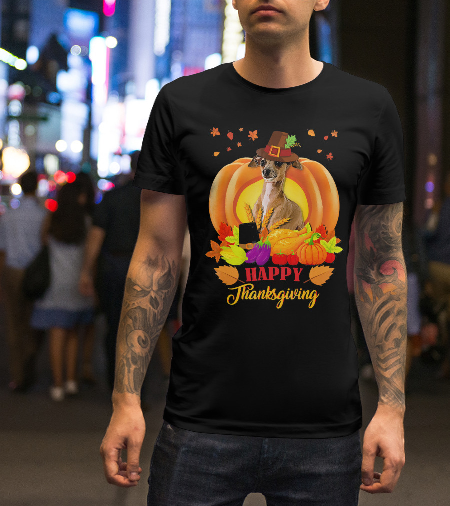 Italian Greyhound Happy Thanksgiving Pilgrim Hat Pumpkin Leaves T-Shirt