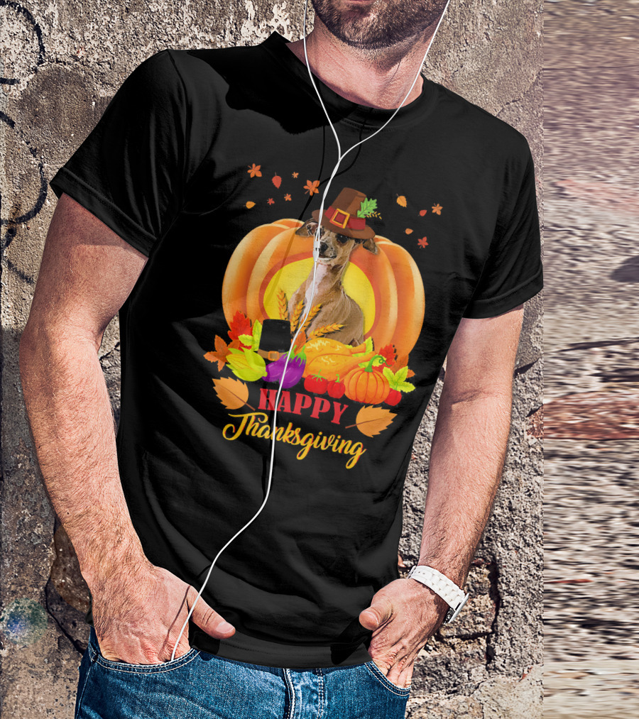 Italian Greyhound Happy Thanksgiving Pilgrim Hat Pumpkin Leaves T-Shirt