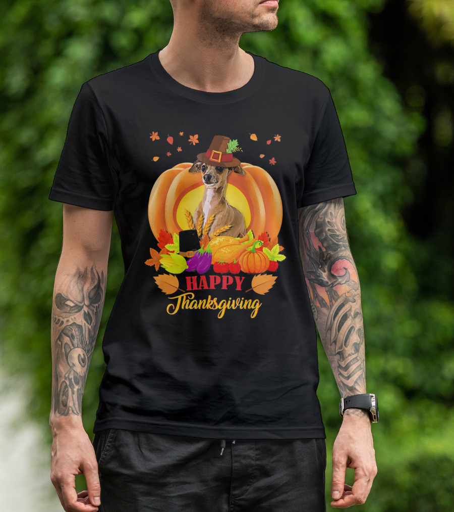Italian Greyhound Happy Thanksgiving Pilgrim Hat Pumpkin Leaves T-Shirt