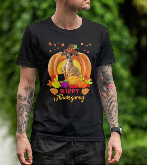 Italian Greyhound Happy Thanksgiving Pilgrim Hat Pumpkin Leaves T-Shirt