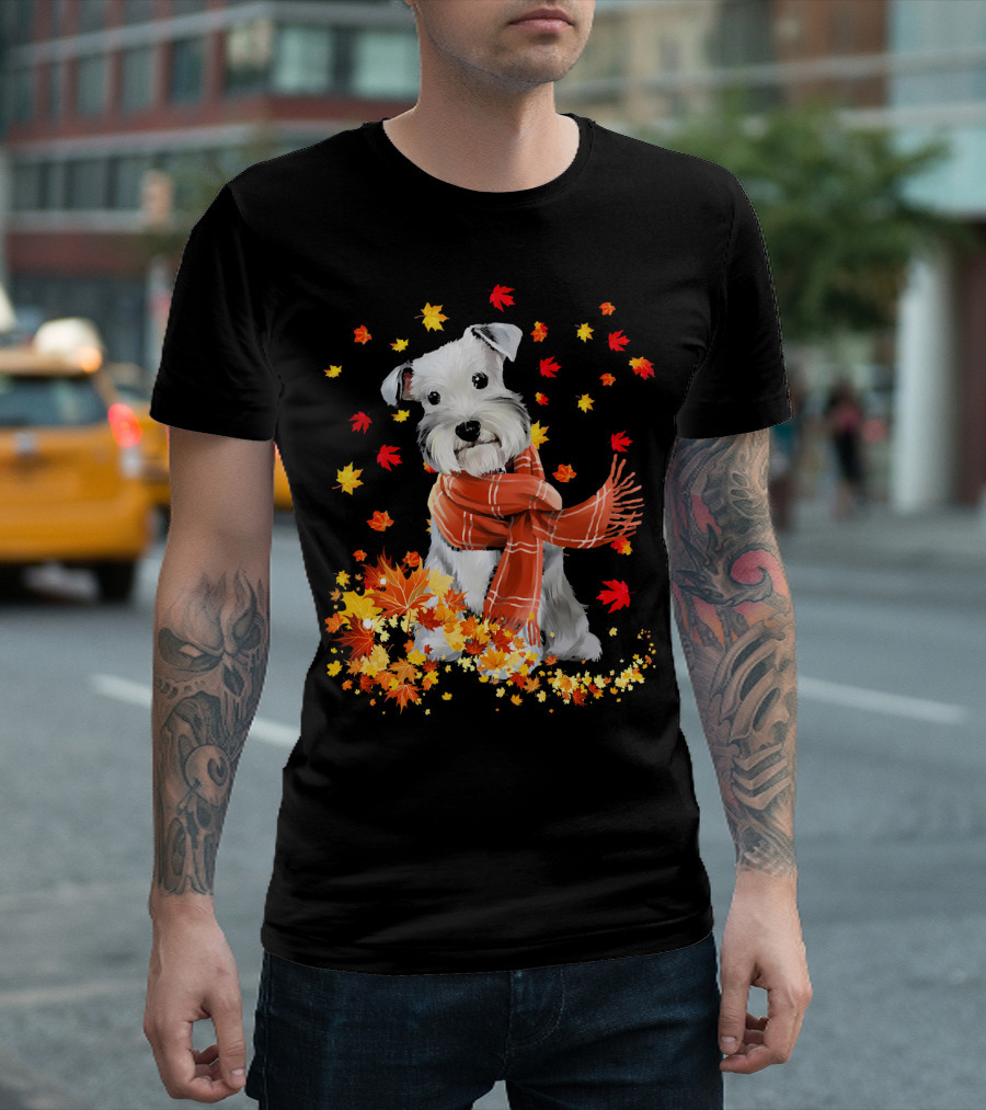 Cute Schnauzer Dog Autumn Leaves and Cozy Scarf T-Shirt