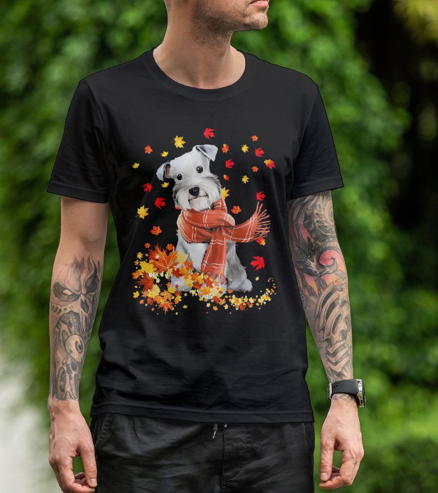 Cute Schnauzer Dog Autumn Leaves And Cozy Scarf T-Shirt