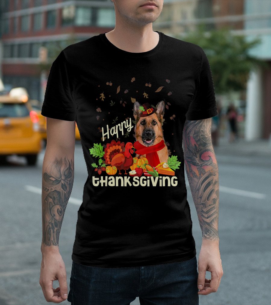 Happy Thanksgiving Pilgrim German Shepherd With Turkey And Fall Leaves T-Shirt