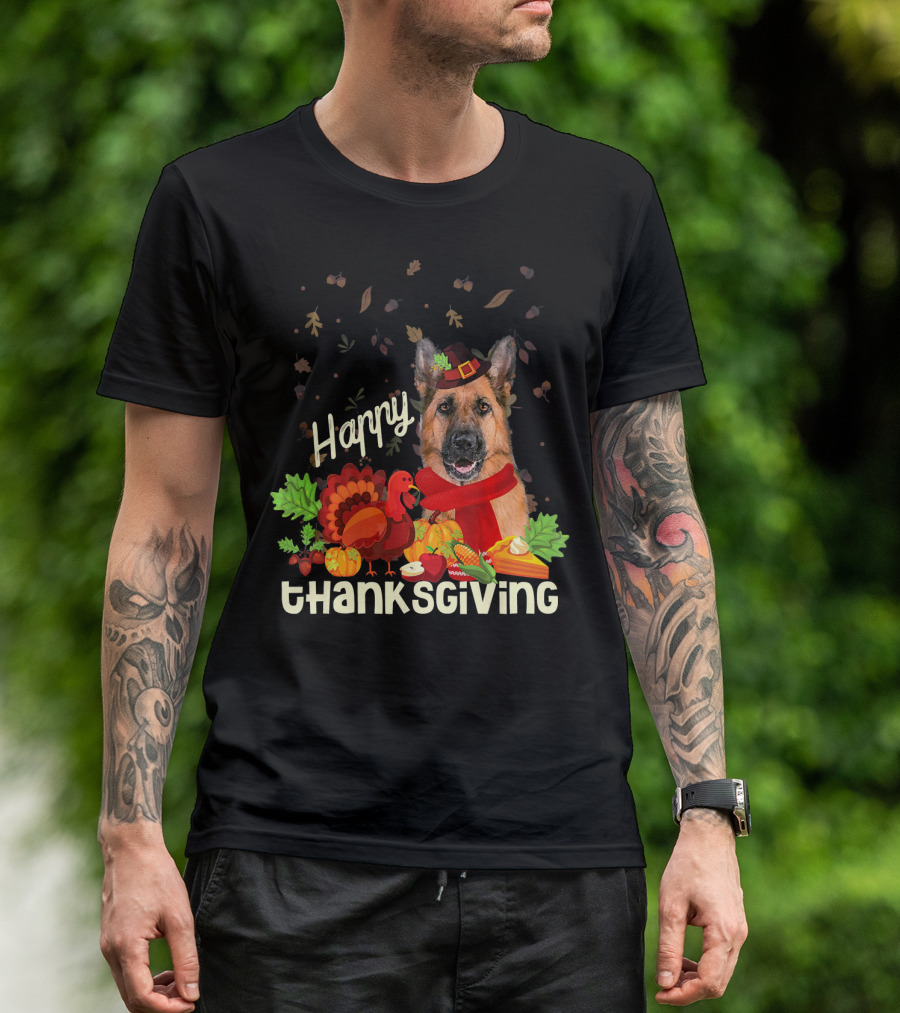 Happy Thanksgiving Pilgrim German Shepherd With Turkey And Fall Leaves T-Shirt